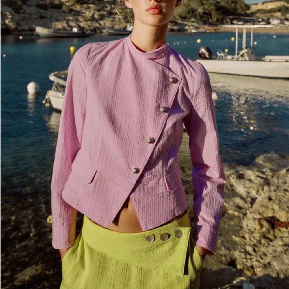 ZARA Pink Asymmetric Cross Over Button Crop Blazer Cotton Seersucker Jacket S